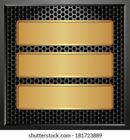 black panel with three golden banners