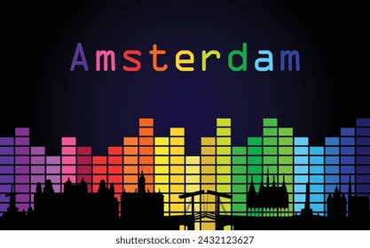 Black panorama of city of Amsterdam on multi colored music equalizer with multi colored inscription of the name of the city on black background