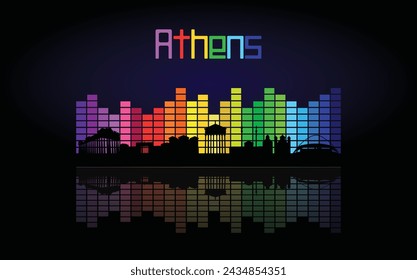 Black panorama of city of Athens on multi colored music equalizer with  reflection of city and music equalizer with multi colored inscription of the name of the city on black background