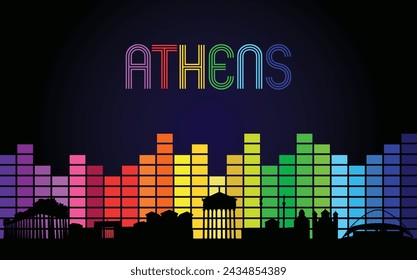 Black panorama of city of Athens on multi colored music equalizer with multi colored inscription of the name of the city on black background