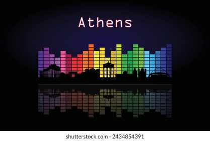 Black panorama of city of Athens on multi colored music equalizer with  reflection of city and music equalizer with multi colored inscription of the name of the city on black background