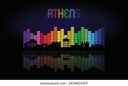 Black panorama of city of Athens on multi colored music equalizer with  reflection of city and music equalizer with multi colored inscription of the name of the city on black background