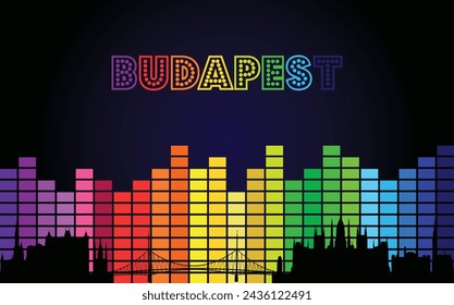 Panorama negro de la ciudad de Budapest en ecualizador de música multicolor con inscripción multicolor del nombre de la ciudad sobre fondo negro