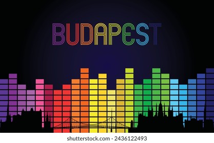 Black panorama of city of Budapest on multi colored music equalizer with multi colored inscription of the name of the city on black background