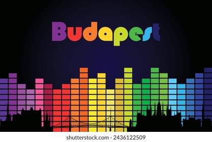 Black panorama of city of Budapest on multi colored music equalizer with multi colored inscription of the name of the city on black background