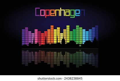 Black panorama of city of Copenhagen on multi colored music equalizer with  reflection of city and music equalizer with multi colored inscription of the name of the city on black background