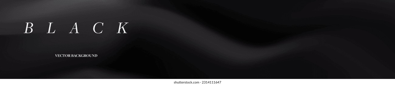 Black Panoramic Abstract Background. Soft fabric texture with waves and drapery. Luxurious flowing backdrop template. Dark smooth cloth. Vector Illustration. EPS 10.