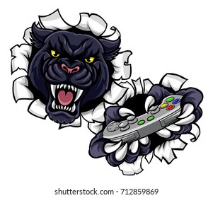 A black panther angry animal esports video games player gamer mascot holding a console controller and ripping through the background 