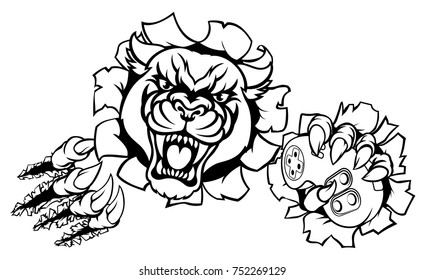 A black panther angry animal esports video games player gamer mascot holding a console controller and tearing through the background with its claws