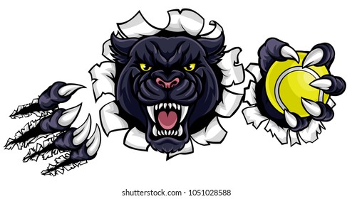 A black panther angry animal sports mascot holding a tennis ball and breaking through the background with its claws