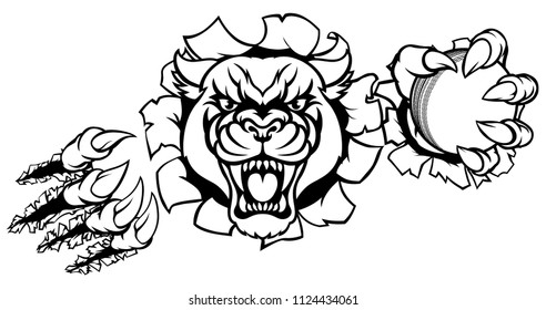 A black panther angry animal sports mascot holding a cricket ball and breaking through the background with its claws