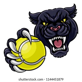 A black panther angry animal sports mascot holding a tennis ball 