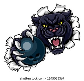 A black panther angry animal sports mascot holding a ten pin bowling ball and breaking through the background with its claws