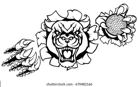 A black panther angry animal sports mascot holding a golf ball and breaking through the background with its claws