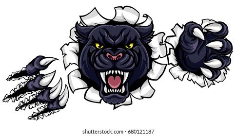 A black panther angry animal sports mascot breaking through the background with its claws