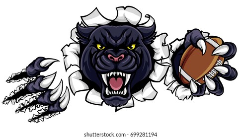 A Black Panther Angry Animal Sports Mascot Holding An American Football Ball And Breaking Through The Background With Its Claws