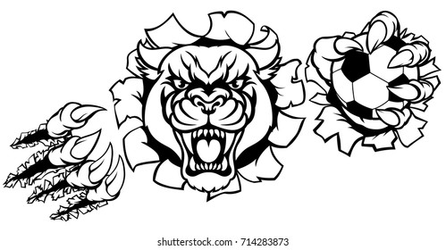 A black panther angry animal sports mascot holding a soccer football ball and breaking through the background with its claws