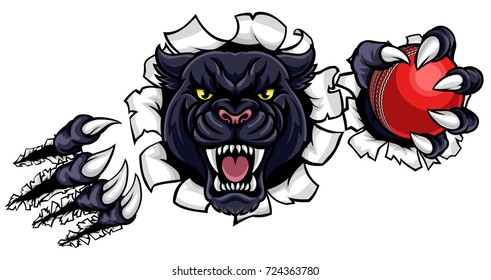 A Black Panther Angry Animal Sports Mascot Holding A Cricket Ball And Breaking Through The Background With Its Claws