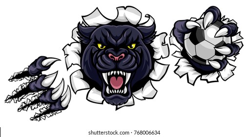 A black panther angry animal sports mascot holding a soccer football ball and breaking through the background with its claws