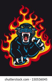 Black Panther Attack In Fire And Flames Vector Tattoo Flash