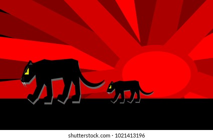 Black panther and baby with the big red sun background,Vector