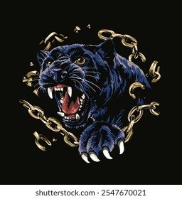 black panther breaking golden chain vector illustration on black background