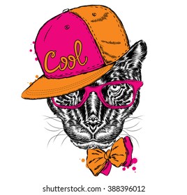 Black Panther in cap and glasses. Hipster. Vector illustration.