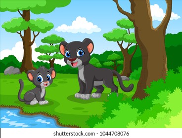 Black panther cartoon in the forest with his cute son 