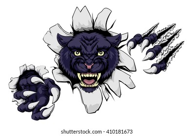 A black panther cartoon sports mascot ripping through a wall with his claws