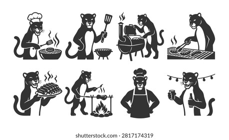 Black panther chef characters preparing barbecue meals on grill