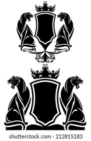 black panther coat of arms emblem - royal crown over shield and wild animals vector design over white