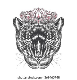 Black Panther in the crown .Hipster. Vector illustration for greeting card, poster, or print on clothes.
