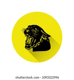 Black panther with crown on his head and open mouth, yellow round icon in a flat style on a white background, vector