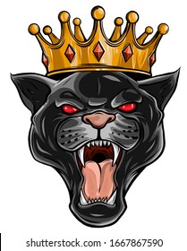 Black panther with crown on his head and open mouth, on white background