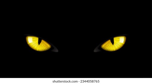Black panther eyes background, wild cat animal face in night, vector yellow eyeballs in dark. Black panther eyes glow look in macro closeup, wildlife cheetah, puma or cheetah yellow evil eyes on black