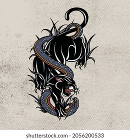 black panther fighting with black cobra vector design
