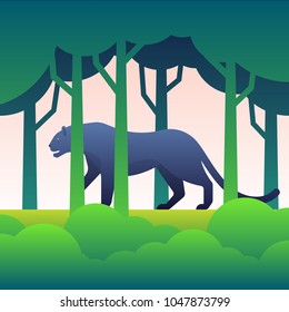 Black panther flat illustration in the forest 