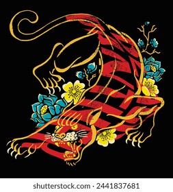 black panther grunge print with floral background t-shirt graphic vector artwork