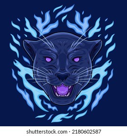 Black panther head with blue flames. Neon purple and blue colors. Cartoon wild cat. Angry face expression. Vector illustration for t-shirts, emblems, logo designs, badges other print designs.