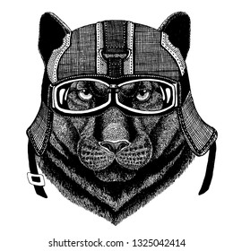 Black panther Hipster animal wearing motorycle helmet. Image for kindergarten children clothing, kids. T-shirt, tattoo, emblem, badge, logo, patch