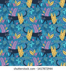 Black panther in jungle seamless pattern. Can be printed and used as wrapping paper, wallpaper, fabric, textile, background, kids apparel 