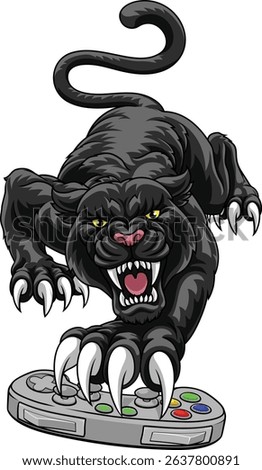 Black panther leopard gamer holding a computer video games controller with sharp claw sports team mascot design.