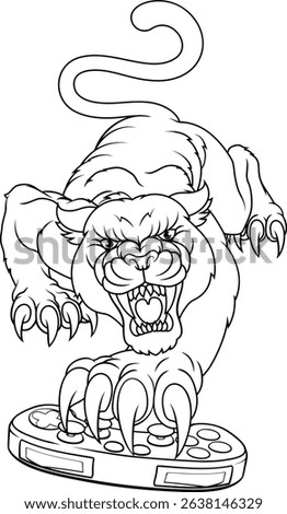 Black panther leopard gamer holding a computer video games controller with sharp claw sports team mascot design.