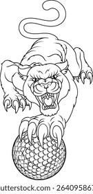 Black panther leopard holding a golf ball with sharp claw sports team mascot design.