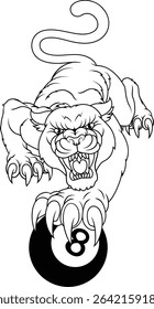 Black panther leopard holding a pool billiard 8 black ball with sharp claw sports team mascot design.