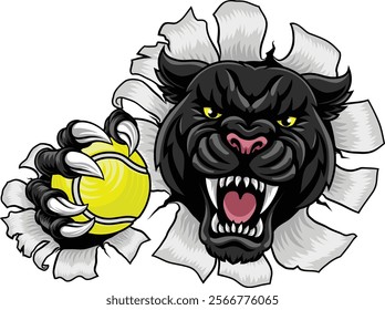 Black panther leopard or jaguar cat tennis sports team mascot holding a ball
