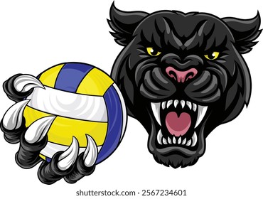 Black panther leopard or jaguar cat volleyball sports team mascot holding a ball