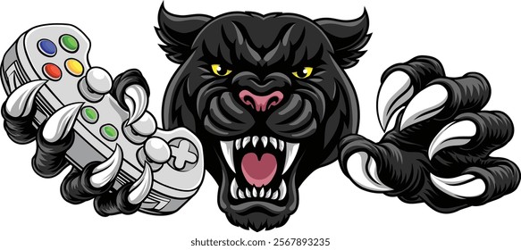 Black panther leopard or jaguar cat gamer sports mascot holding a video game controller