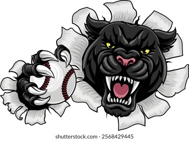 Black panther leopard or jaguar cat baseball sports team mascot holding a ball