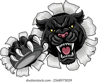 Black panther leopard or jaguar cat hockey sports team mascot holding an ice hockey puck